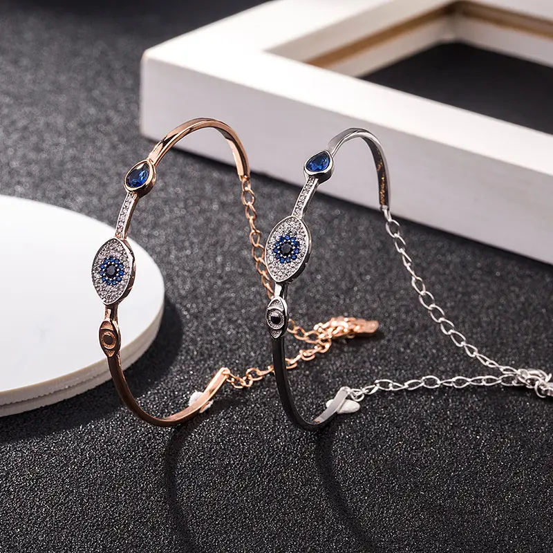 Brazalete de plata chapado en oro turco para mujer, brazalete de diamante de ojos malvados de Plata de Ley 925, pulsera de cristales azules, joyería de circonia cúbica