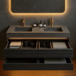 Ensemble de Meubles de Salle de Bain de Luxe Modernes en Acier Inoxydable avec Double Vasque, Miroir et Montage Mural en Marbre pour Hôtel - Product Image 4