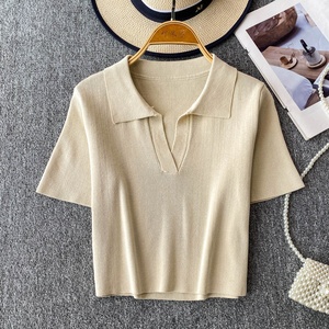 Chic d'été : T-shirt court en maille côtelée extensible pour <span class=keywords><strong>femme</strong></span> - Haut polyvalent à manches courtes - Product Image 2