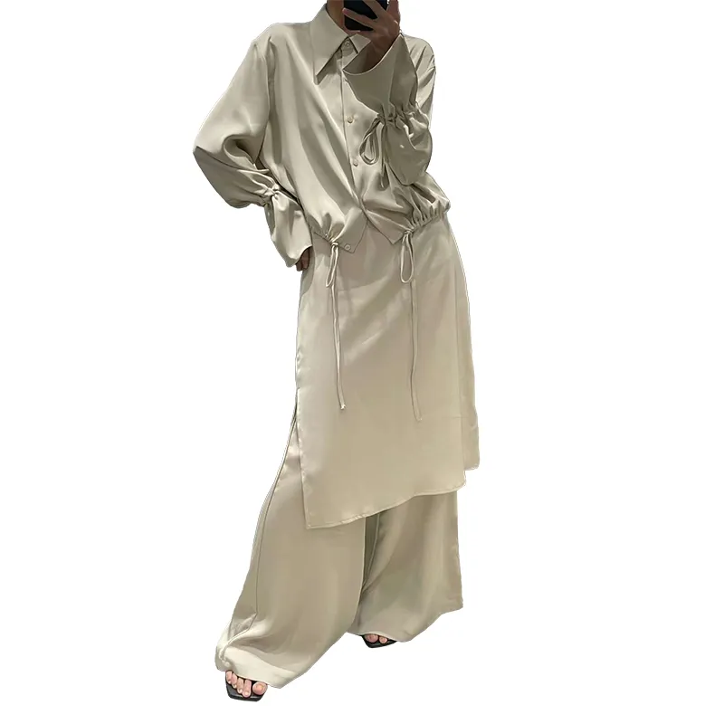 Blusa elegante con cordones de satén estilo festivo para mujer, ropa, tops de camisa de lujo