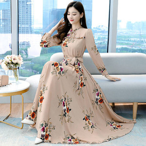 <span class=keywords><strong>Robe</strong></span> décontractée élégante pour femme en mousseline <span class=keywords><strong>de</strong></span> soie à imprimé floral, manches longues, coupe trapèze, ajustée, avec col montant et laçage, collection printemps - Product Image 1