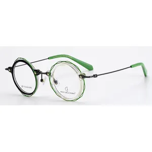 Redondo acetato quadros ópticos óculos dois óculos cor quadro combinado óculos acetato metal