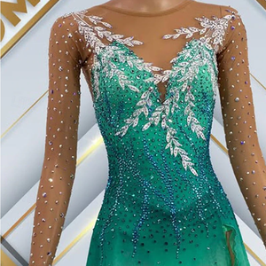 कस्टम आइस स्केटिंग ड्रेस लड़कियों वयस्क ग्रीन स्पैन्डेक्स स्केकेट स्कर्ट नृत्य संगठनों के लिए बॉलरूम आकृति स्केटिंग पोशाक - Product Image 2