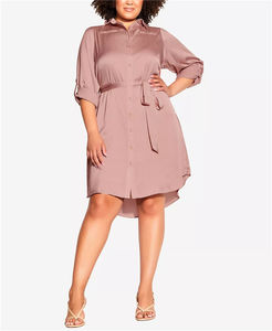 2025 été élégant gros femmes rose avant boutons retrousser demi manches genou longueur chemise robes avec ceinture - Product Image 5