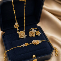Ensemble de bijoux de luxe en forme de rose, collier, bague, bracelet, cuivre, ton or, zircone synthétique, cadeau de mariage pour femme, élégant