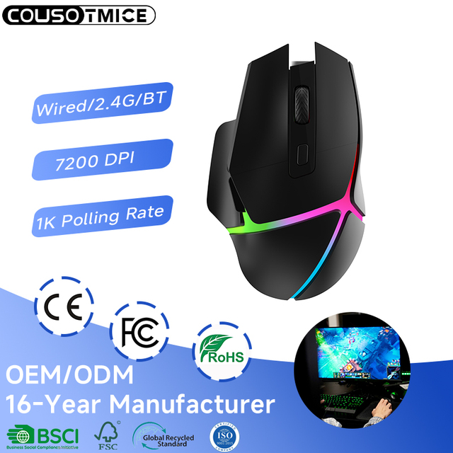 2026 Hot Sale Bluetooth Dual Mode Ergonomic Gaming Mouse RGB Backlight 7200 DPI Optical Sensor Wireless Gaming Mouse for Gamer