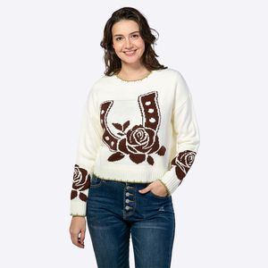 <span class=keywords><strong>Pull</strong></span> court tricoté à col rond pour <span class=keywords><strong>femme</strong></span>, motif intarsia fer à cheval rose western, bord ondulé vert contrastant, fabrication sur mesure - Product Image 2