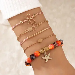 Faux Jade Perlen Armband Set im europäischen und amerikanischen Stil mit Seestern und Bogen Charms-Mehr schicht iges Schmetterlings herz Geometrisch