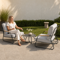 Ensemble de chaises longues d'extérieur modernes et durables avec table ronde en acier et coussin gris pour balcon et jardin