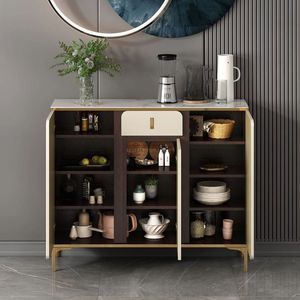 Aparador moderno minimalista con molduras doradas y puertas blancas para almacenamiento en la cocina - Product Image 4