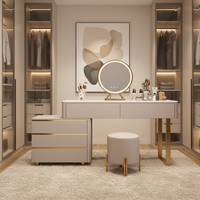 Ensemble de coiffeuse modulaire de luxe européen moderne en bois réglable avec miroir éclairé, 5 tiroirs et tabouret pour chambre/salon