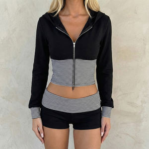 Striped Color Block <b>Zip</b> <b>Up</b> Hoodie Shorts Set <b>Women</b> Slim Fit Cropped Hooded <b>Top</b> Stretchy Casual Street Style Two Piece Outfit - Product Image 4