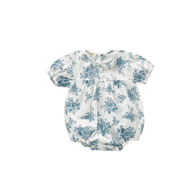 cotton organic floral romper blue and white girls china seersucker romper summer baby girls' rompers