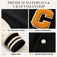 Jaket Letterman Custom Pria Hitam Krem OEM Pabrik Label Pribadi Chenille Huruf Trim Bergaris Kancing Wol Bordir