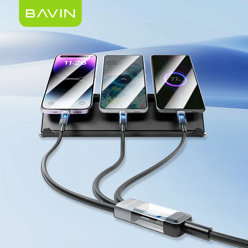 BAVIN CB319 nylon braid 18w 12w usb micro type c fast charging 3 in 1 data cable with smart power display