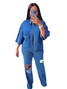 Abito Casual <span class=keywords><strong>da</strong></span> <span class=keywords><strong>donna</strong></span> in Denim due pezzi <span class=keywords><strong>camicia</strong></span> <span class=keywords><strong>di</strong></span> grandi dimensioni e <span class=keywords><strong>Jeans</strong></span> larghi a maniche corte per l'estate - Product Image 1