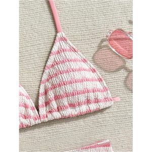 Ensemble de bikini smocké rayé rose pour fille FOXA, maillot de bain deux pièces dos nu, tissu extensible, vêtements de plage - Product Image 3