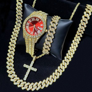 Montre à quartz en acier inoxydable pour homme, ensemble de bijoux tendance hip-hop, bracelet chaîne cubaine, collier, cadeau, aiguilles en verre – Vente chaude - Product Image 4