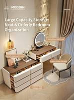 Ensemble de coiffeuse de luxe moderne Japandi crème et noyer avec miroir LED, commode à 3 tiroirs, bureau de maquillage, meuble de chambre
