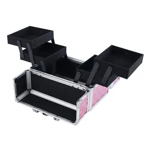 PINK Makeup Cosmetic Organizer Makeup Case Cosmetic Aluminum Case Caja De Maquillaje Double Open 4 Tray Gift Boxes