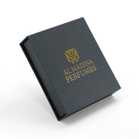 Boîte cadeau rigide magnétique personnalisée pour parfum, boîte grise texturée avec logo en feuille d'or pour les ensembles de mini-parfums arabes Oud Attar
