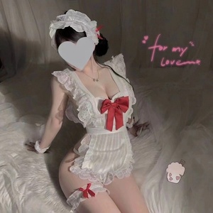 Completo intimo sexy con farfalle, senza schienale, grazioso costume <span class=keywords><strong>da</strong></span> <span class=keywords><strong>cameriera</strong></span> per cosplay, con grembiule in pizzo e set modellante che esponga i fianchi, per seduzione sensuale. - Product Image 1