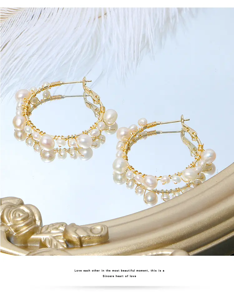 Hand gefertigtes High-End-Messing mit fein vergoldeten echten Süßwasser perlen Perlen 3,8 cm Creolen baumeln Ohrring Sommer Ohrringe Schmuck