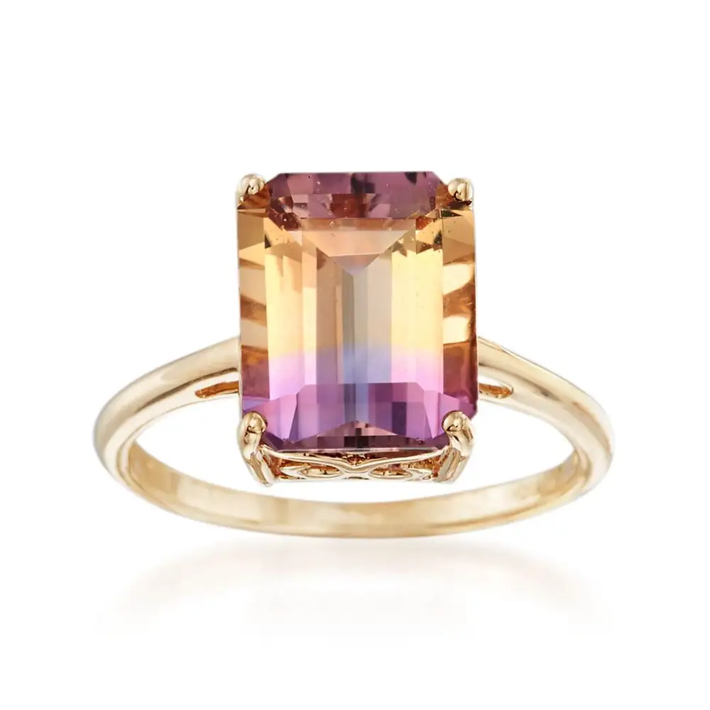 S925 Sterling Silver Emerald-Cut Ametrine Engagement Ring in 14K Yellow Gold Plated Jewelry