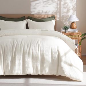 White Color 100% Cotton Waffle Weave Duvet Cover Set Luxury Bedding Set 3 Pieces - Product Image 1