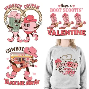 Retro angosciato cavallo da Cowboy occidentale stivale Scootin san valentino come giorno coppia di miele ferro su adesivi di trasferimento DTF per abbigliamento