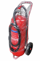 Extincteur à poudre sèche sur roues de 50 kg, classe A, en acier rouge (type chariot), certifié EN3, portable