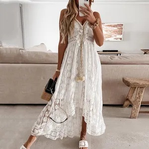 Vestido de verão boho sexy plus size, vestido de renda branco para mulheres, elegantes, novidade de verão 2024