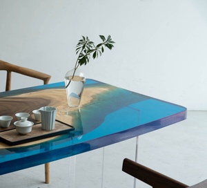 Set Tavolo da Pranzo di Lusso in Resina Epossidica Design <span class=keywords><strong>Oceano</strong></span> <span class=keywords><strong>Blu</strong></span> Combinato con Lastra di Noce per Sala da Pranzo 10*3 Piedi - Product Image 4