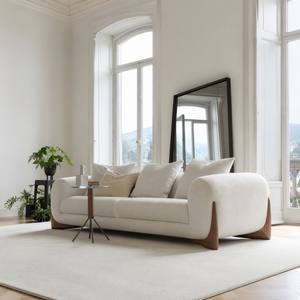<span class=keywords><strong>Fauteuil</strong></span> simple nordique capitonné en tissu bouclé Teddy de forme organique, avec base en bois massif couleur noyer, pour salon, chambre et hôtel - Product Image 2