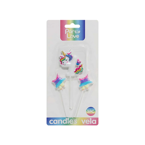 Velas de cumpleaños de unicornio Party Love, juego de 3 piezas con diseño de estrellas y arcoíris para decoración de pasteles - Product Image 1