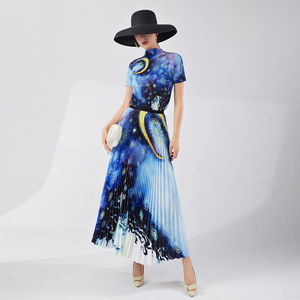 Maglietta plissettata Miyake da donna 2025 estate nuova maglietta a maniche corte cielo <span class=keywords><strong>stellato</strong></span> ampia gonna a drappo a due pezzi - Product Image 3