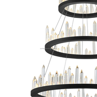 Lustre moderne de luxe à plusieurs niveaux avec anneaux en cristal, cadre noir, grand luminaire suspendu rond pour hall d'hôtel, villa, éclairage d'escalier