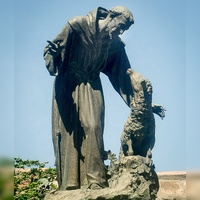Esculturas de jardín de San Francisco de Asís de bronce de fundición hechas a medida, decoración al aire libre, Iglesia de San Francisco de Asís con Lobo y cabra