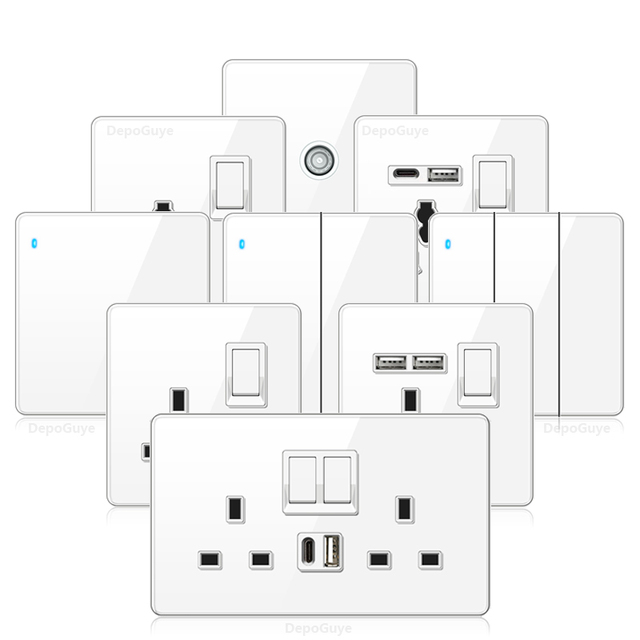 UK Standard Wall LED 2Way Light Switch Power Socket,18W Quick Charging White Universal Dual 3pin Plug Type-C USB Glass Outlet