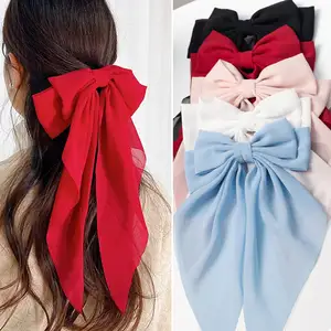 2024 Fashion Hair Accessories Women Ribbon Bow Knot Pure Color Satin Metal Hair Clip Chiffon Bow Hair Clips Set For Women Girls