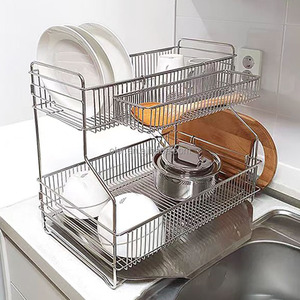 Escurridor de platos de cocina de acero inoxidable de estilo coreano con <span class=keywords><strong>bandeja</strong></span> de agua, fregadero de agua de 2 niveles, estante de secado de platos para Cocina - Product Image 1