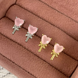 Cute Pink Heart <b>Crystal</b> <b>Stud</b> <b>Earrings</b> with Bow Design for Women Gold and Silver Plated Fashion Jewelry - Product Image 2