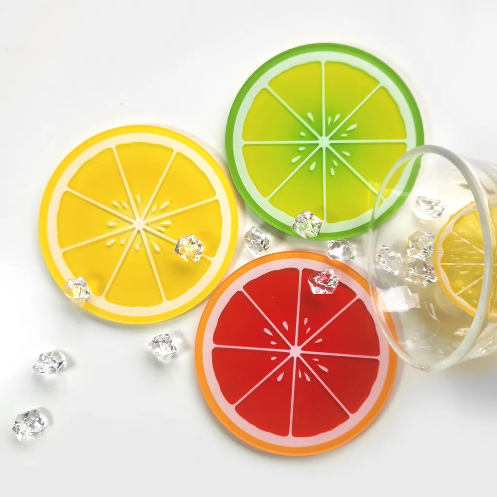 Semi-Transparent Acrylic Fruit Coaster Refreshing Lemon Orange Grapefruit Coasters PMMA Slice Drink Cup Mat for Bar Kitchen