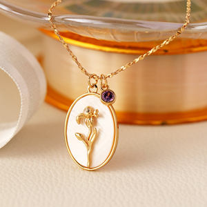 ステンレス鋼ゴールドシェル長方形誕生石誕生花幾何学的なペンダントチョーカーネックレスジュエリーネックレス女性男性用 - Product Image 3