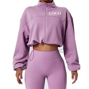Giacche Sportive Corte con Coulisse per Donne, <span class=keywords><strong>Felpa</strong></span> Crop con Zip e Colletto Alto per Allenamento - Product Image 1