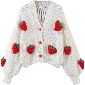Women's Korean Retro Elegant Cute Coat Sweet <strong>Strawberry</strong> Embroidered Knit Sweater Cardigan <strong>Top</strong> - Product Image 3