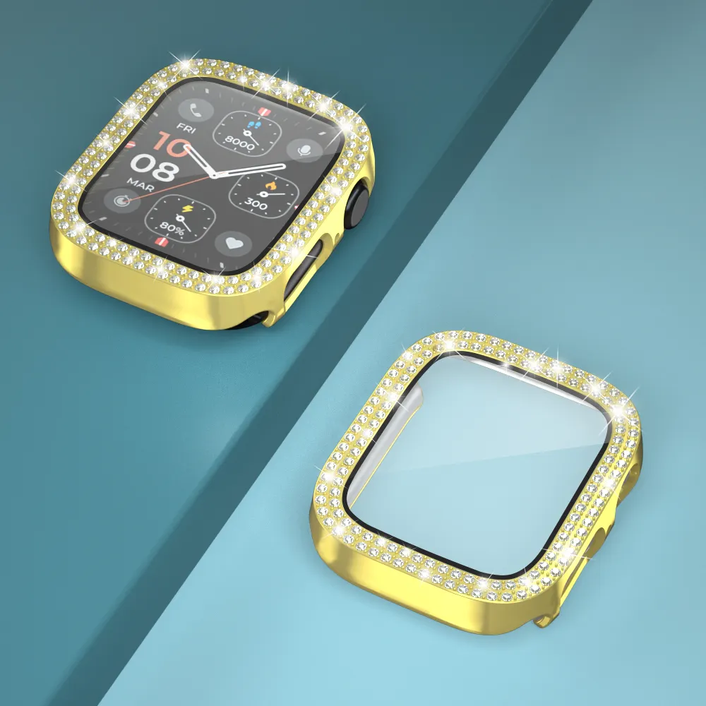أغطية ساعة ذكية فاخرة من الألماس بتغطية كاملة لساعة Apple Watch9 8 7 6 5 4 3 2 SE 38/40/41/45 مم غطاء ساعة واقي للشاشة من الزجاج