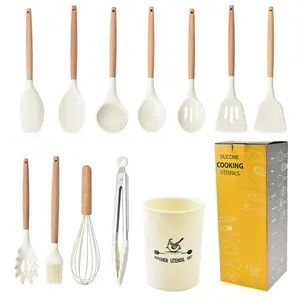 White Silicone Kitchen Skimmer Wooden Cooking Utensil Set Price 12 Pcs Cooking Tools Kitchen Utensils Set For Baking