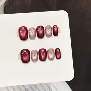 <span class=keywords><strong>Uñas</strong></span> Postizas Hechas a Mano, Diseño 1192, Color <span class=keywords><strong>Vino</strong></span> Tinto, Rosa Nude, con Diamantes Brillantes en Contraste, Estilo Elegante y Sencillo - Product Image 4