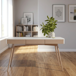 Escritorio moderno de madera escandinava con superficie blanca y tres cajones para uso en oficina en casa - Product Image 4